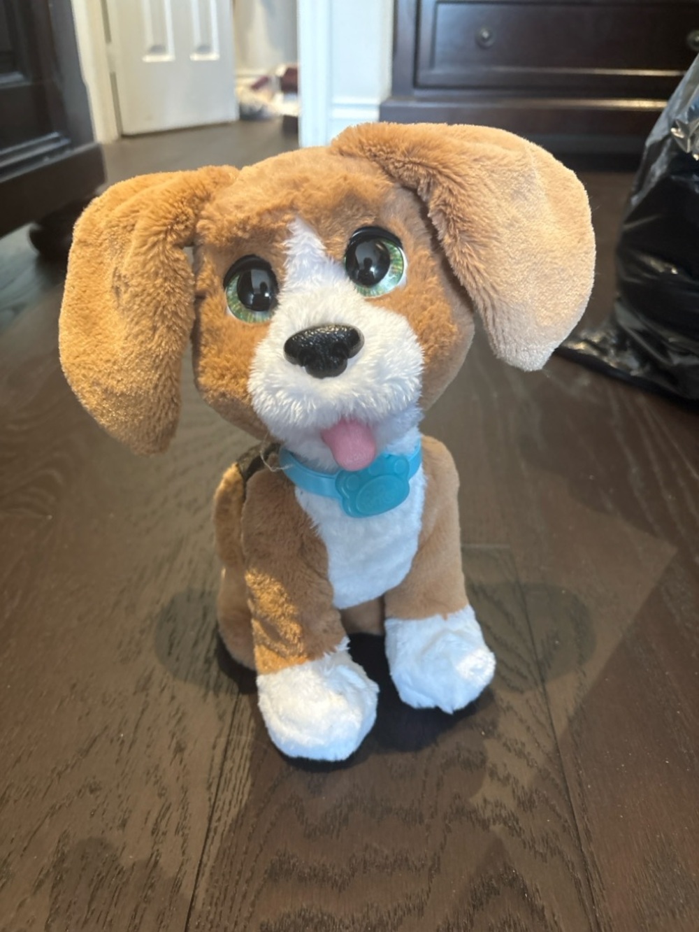 Plush Brown & White Puppy Toy with Blue Collar (NEEDS NEW BATTERIES)
